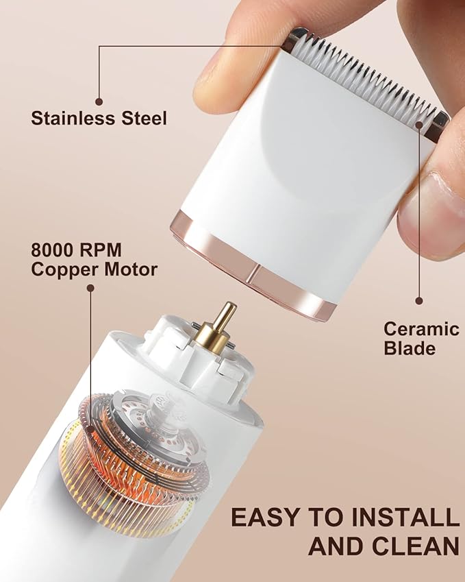 Bikini Trimmer Pubic Hair Trimmer for Women Legs Bikini Line Armpit Rechargeable Electric Shaver for Women Hair Removal with Snap-in Ceramic Blades IP7X Waterproof, White