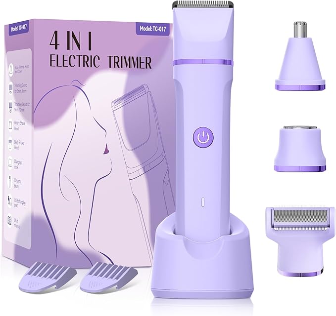 Electric Razors for Women - 4 in 1 Bikini Trimmer for Women, Waterproof Body Pubic Shaver for Womens Wet & Dry Use, Replaceable Facial & Nose Hair Trimmer, Rechargeable Hair Removal Kit, Purple