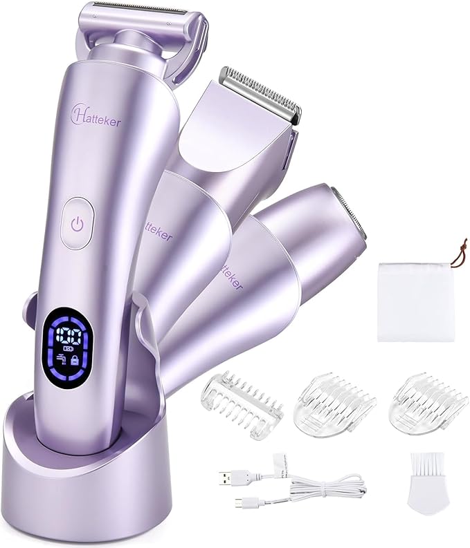 Hatteker Women's Electric Shaver Bikini Trimmer Hair Trimmer for Women LED Display Electric Razor for Legs Bikini Underarm Public Hairs Led Display IPX7 Waterproof Gift for Women (Purple)
