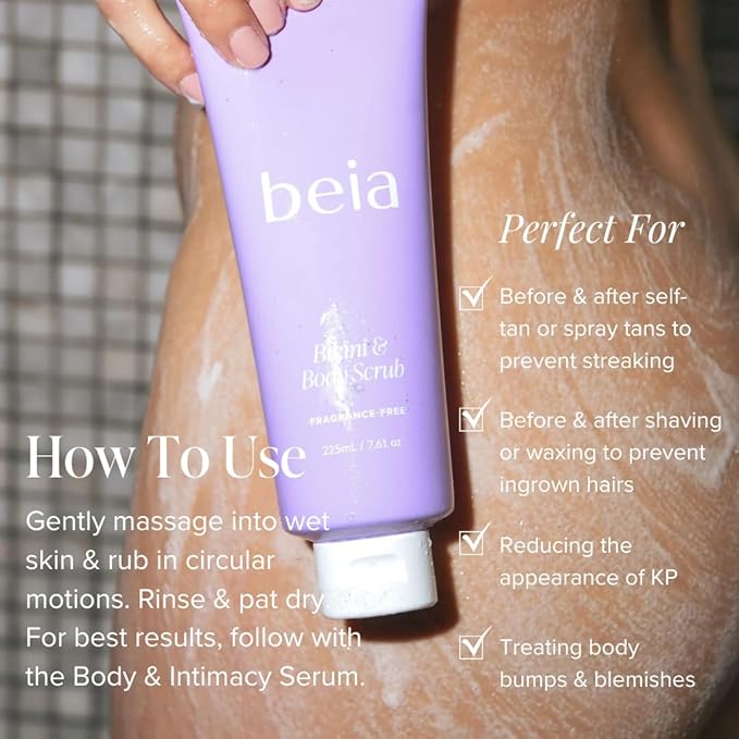 Beia Bikini & Body Scrub - Gentle Exfoliating Body Scrub with Glycolic Acid & Rice Extract - Fights Ingrown Hairs KP Bumps & Dry Skin - Hydrating & Soothing for Sensitive Skin 7.6 Oz