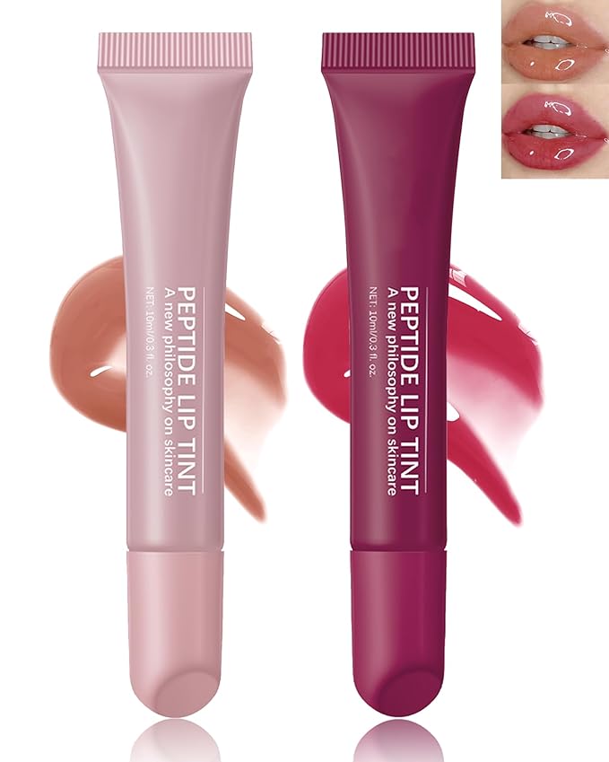 Tinted Lip Balm-2Pcs Rose-Gray Raspberry Peptide Hydrating Lip Tint Moisturizer, Jelly Glossier Lip Treatment Balm, Non-Stick Glow Reviver Lip Care Oil Lip Gloss, Thanksgiving Makeup for Women-02+04