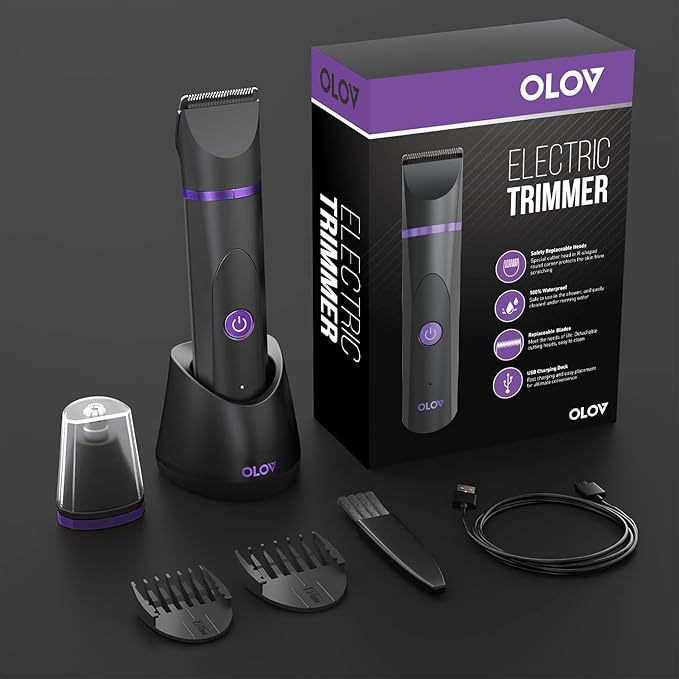 OLOV Electric Body Hair Trimmer - Groin Trimmer for Men - Bikini Trimmer Women - Wet/Dry Shaver Groomer, Replaceable Ceramic Blade Heads, USB Recharge Dock, Waterproof Hygiene Razor, Black Violet