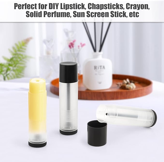 50Pcs 5g Lip Balm Tubes Plastic Lipstick Containers Empty Refillable Twist-up Lip Gloss Balm Filling Stick Clear Tube Holder with Black Cap for DIY Chapsticks Crayon Solid Perfume
