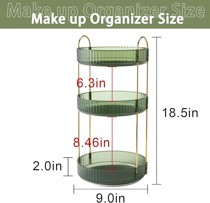 Rotating Makeup Organizer for Vanity, High-Capacity Skincare Clear Make Up Storage Perfume Organizers Cosmetic Dresser Organizer Countertop 360 Spinning (Green, 3 Tier)
