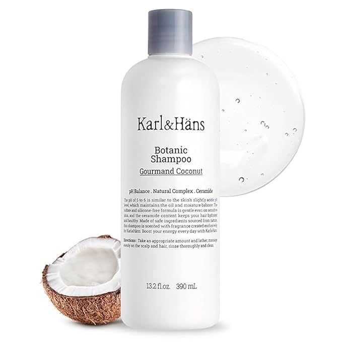 Karl&Hans Botanic Gourmand Coconut Vegan Shampoo Organic - Sulfate-Free, Moisturizing, Nourishing Shampoo with Coconut Oil&Natural Flower Extracts for Dry and Damaged Hair and Scalp Repair, 13.2 fl oz