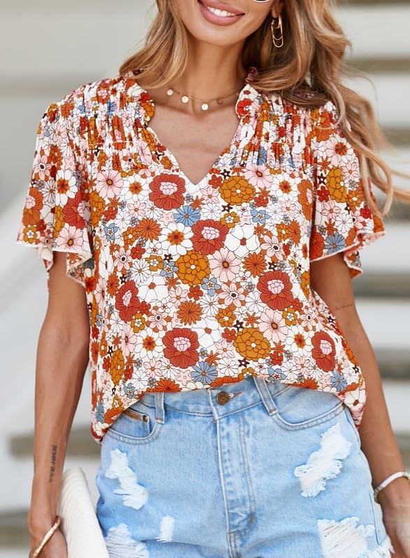 SHEWIN Women's Casual V Neck Floral Print Smocked Short Sleeve Chiffon Blouses Bohemian Top Shirts