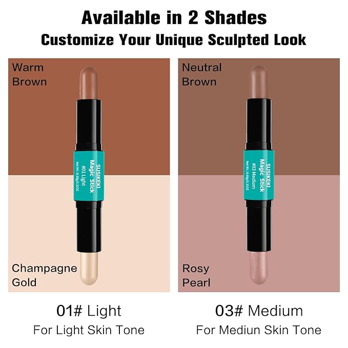 Contour Stick, 2Pcs Dual-Ended Highlighter Makeup Pen & Contouring Stick for Face Shaping, Long Lasting Waterproof Cream Bronzer & Highlight Sticks Make Up Kit for All Skin Tones(01# + 03#)
