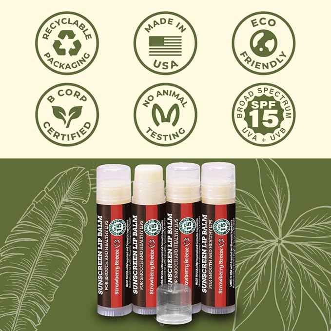 SPF Lip Balm 4-Pack by Earth's Daughter - Lip Sunscreen, SPF 15, Organic Ingredients, Strawberry Flavor, Beeswax, Coconut Oil, Vitamin E - Hypoallergenic, Paraben Free, Gluten Free