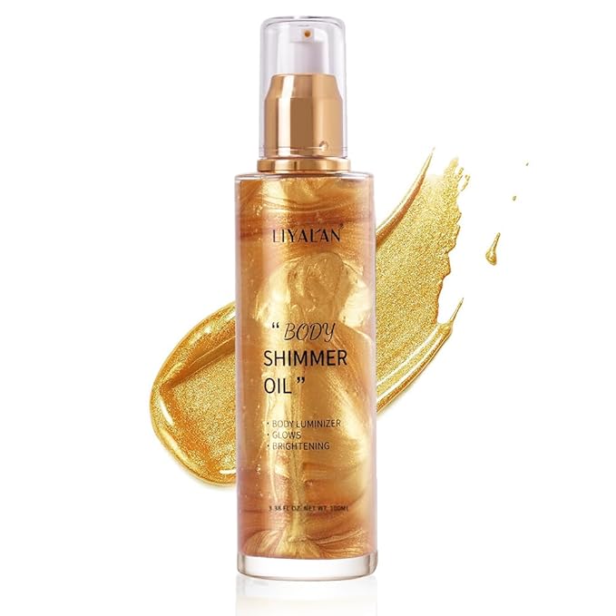 Liyalan Shimmer Body Oil 5 Color Gold 3.38 Fl Oz Face Glow Pearl Highlighter Illuminator Body Makeup Shine Glitter Gold Liquid Taning