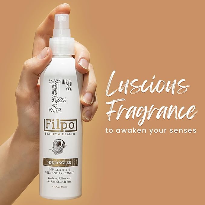 FILPO Beauty Hair Detangler Spray - 6 in 1 Coconut Milk and Argan Oil Infused Hydrating Anti-Frizz Leave-in Conditioner for Curly Hair