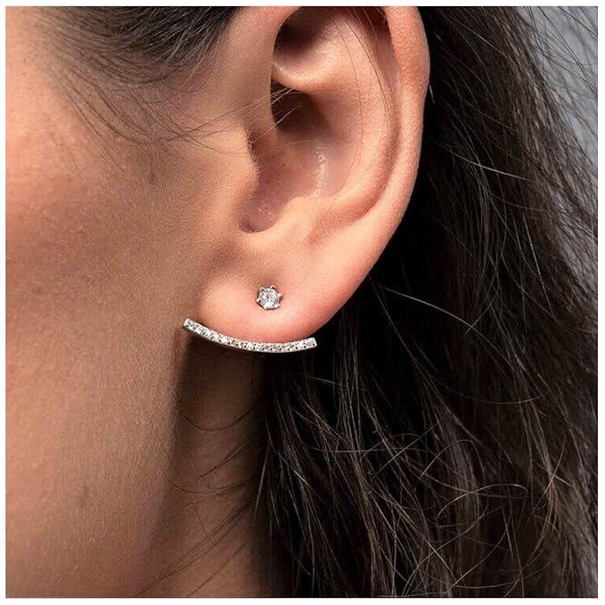 Crystal Bar Ear Climber Earrings Silver Rhinestone Ear Jacket Earrings Boho Bar Ear Crawlers Earrings Minimalist Geometric Moon Earrings Jewelry for Women and Girls