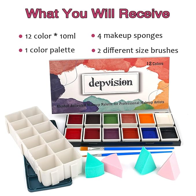 Depvision Alcohol Activated Face Paint SFX Makeup 12 color for Special Effects Wound Bruise Waterproof Professional Makeup Artist with Color Palette Sponges Brushes Skin Illustrator
