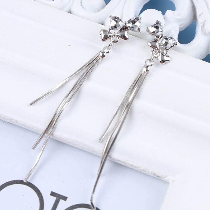 Vintage Crystal Bow Chain Drop Earrings Rhinestone Heart Stud Earrings Silver Long Chain Tassel Earrings Sparkly Cz Bridal Earrings Jewelry for Women