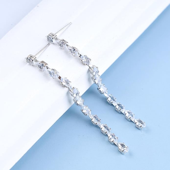 Vintage Rhinestone Chain Drop Earrings Silver Linear Crystal Earrings Sparkle Cz Tassel Earrings Long Cz Chain Stud Earrings Jewelry for Women and Girls