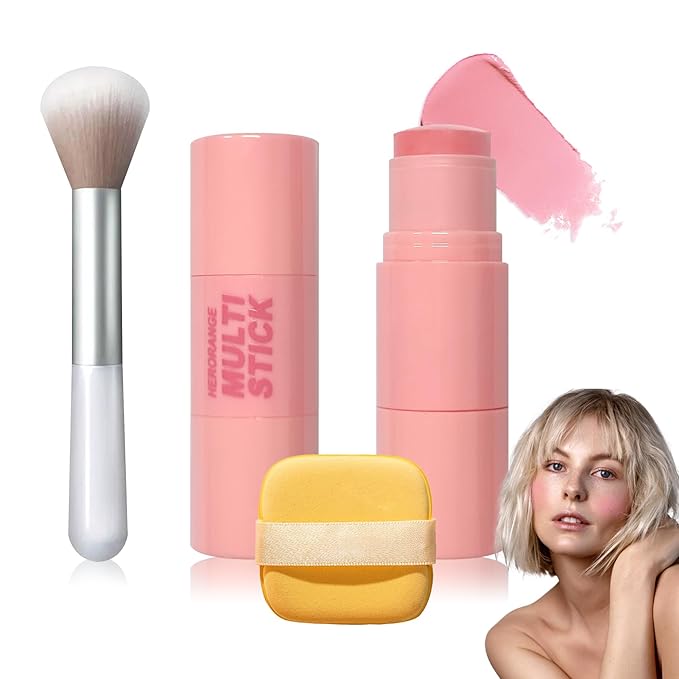 Cream Blush Stick with Brush and Makeup Sponge,Waterproof Multi Cream Makeup Stick,Lightweight,Long-lasting,2 in 1 Multi Blush for Cheeks & Lip Tint & Eyeshadow R