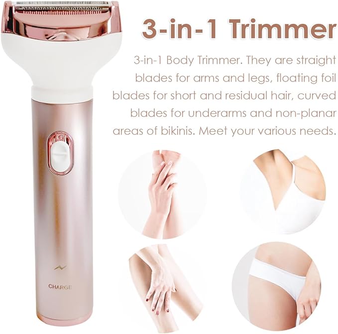 Electric Razor for Women, Hair Trimmer for Bikini Legs Womens Shaving Eyebrow Lips Body Face Beard Mustache Nose Arm Armpit Facial Hair Removal for Women's Shaver 4 in 1 Kit, Type-C Charging Port