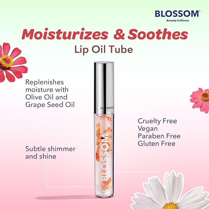 Blossom Moisturizing and Hydrating Shimmer Sparkle Lip Oil with Olive Oil + Grape Seed Oil, Infused with Real Flowers, 3g, Watermelon
