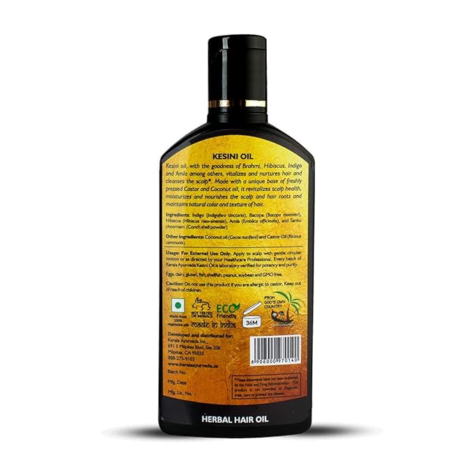 Kerala Ayurveda Kesini Hair Oil (3.38 fl oz) | Herbal Blend with Bacopa, Hibiscus, Amla, Indigo, Castor & Coconut Oil | Deeply Nourishes Dry Scalp & Strengthens Hair | Paraben-Free, Mineral Oil-Free