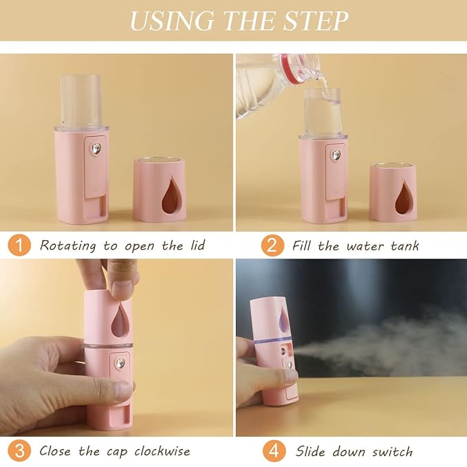 Nano Facial Mister Portable Mist Sprayer with Mirror Mini Cool Mist Spray for Skin Care & Facial Body Moisturized & Eyelash Extensions, USB Rechargeable (Pink)