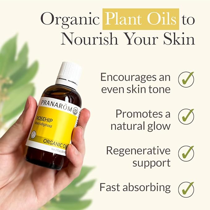 Pranarom - USDA Certified Organic Cold-Pressed Rosehip Virgin Plant Oil - 2 fl oz Glass Bottle - for Anti-Aging, Helps Acne Scar, Massaging, Face, Hair & Skin, Unisex