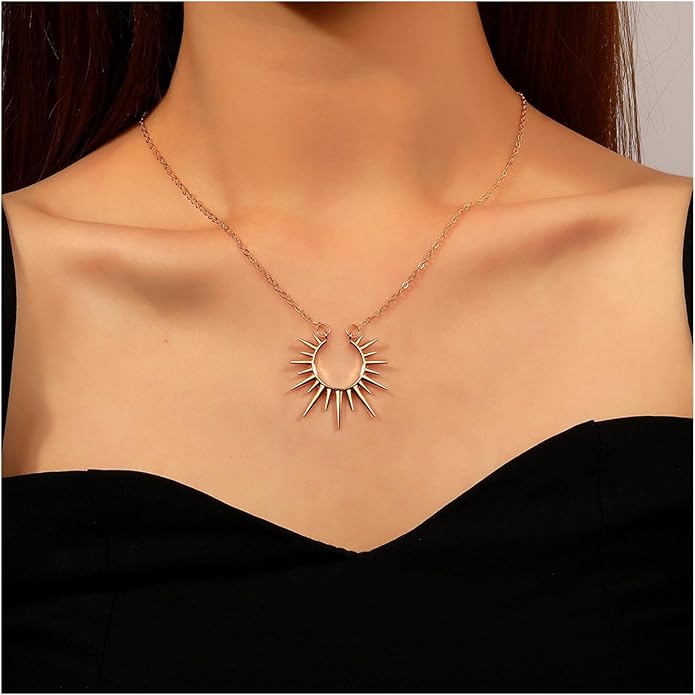 Vintage Sunburst Pendent Necklace Hollow Sunburst Necklace Moonstone Gold Sun Choker Necklace Open Sunburst Necklace Jewelry for Women (Gold)