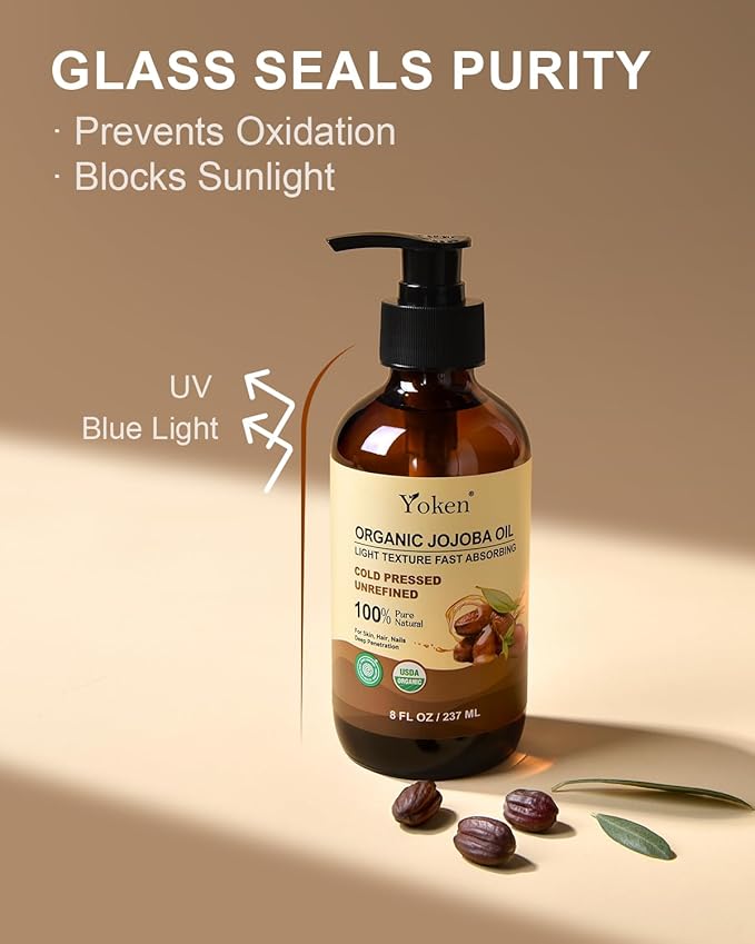 Yoken Organic Jojoba Oil Glass Bottle 8 fl oz, USDA Certified 100% Pure & Natural Jojoba Oil for Hair, Skin & Face, Cold Pressed Unrefined Hexane Free, Deeply Moisturizing Body Serum Oils for Gua Sha