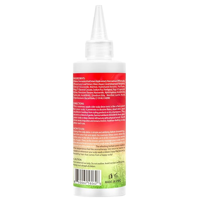 Rosemary & Apple Scalp Exfoliating Tonic - Scalp Detox Serum Deep Cleansing & Clarifying Treatment for Buildup, Dry Flaky Scalps - Soft Silicone Hair Scalps Massager Shampoo Brush for All Hair Types