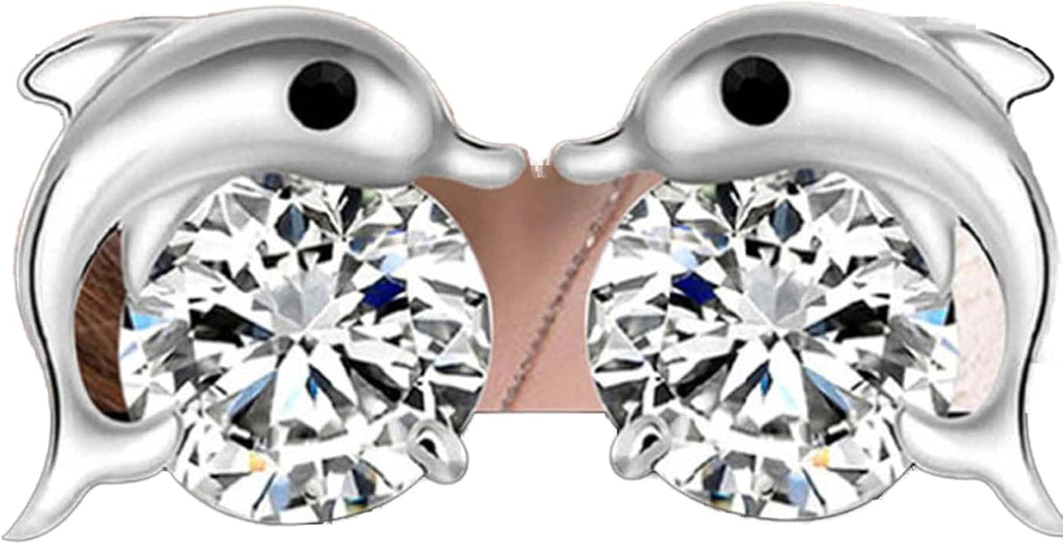 Silver Dolphin CZ Earrings Cute Animal Stud Earrings Tiny Earring Jackets Gifts for Women and Girls