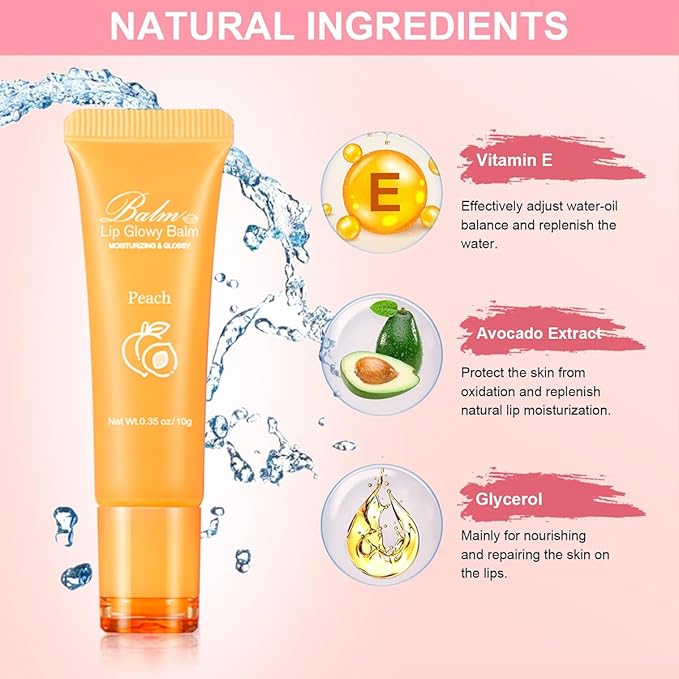 GECOMO Lip Glowy Balm, Moisturizing Lip Gloss, Nourishing Glossy Transparent Plumping Oil, Non-sticky Tinted Toot Lip Balm for Lip Care (PEACH) 0.35oz