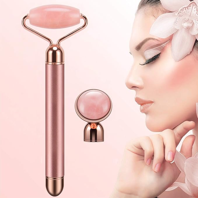 2-IN-1 Electric Jade Roller Massager Facial Roller & Face Massager, Rose Quartz
