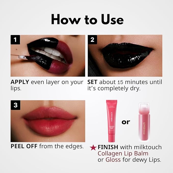 MILKTOUCH Black Peel Off Lip Tattoo - Long-Lasting Matte Lip, Waterproof & Transfer-Proof, Highly Pigmented, Stay-On-All-Day Lip Tint Stain (4.5g) #01 Black Cherry