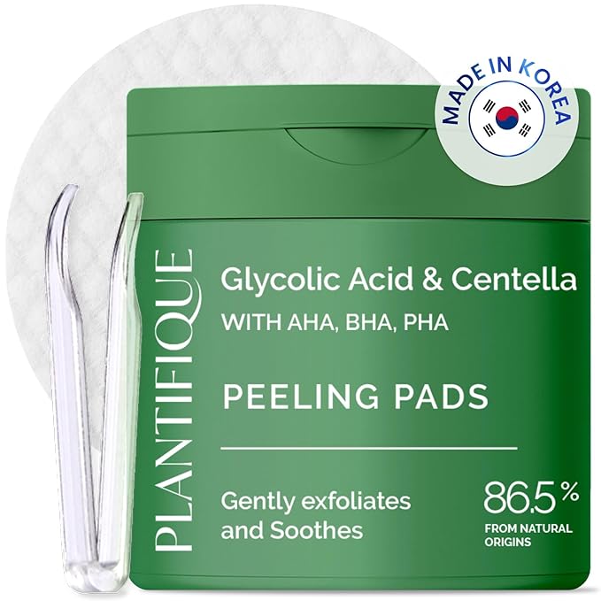 PLANTIFIQUE Korean Glycolic Acid Toner Pads 60 Pcs with Niacinamide, CICA - AHA BHA PHA Face Daily Peel Exfoliating Pads Formula for Gentle Skin Renewal for All Skin Types - Refillable Container
