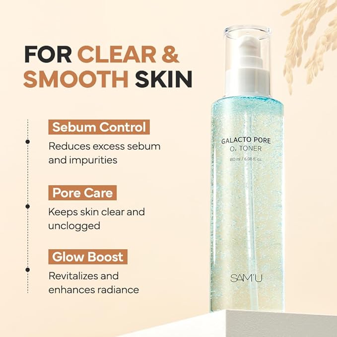 SAM'U Galacto Pore O2 Toner, Exfoliating & Pore-Tightening, Oxygen Bubble Galactomyces Toner, Hydrating for Sebum Control & Suitable for All Skin Types, Korean Toners, 6.08 Fl. Oz