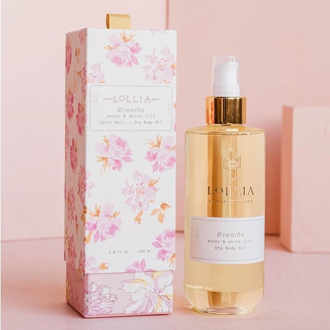 LOLLIA Breathe Dry Body Oil, 6.8 Fl. Oz. – Peony & White Lily – Women’s Scented, Moisturizing, Dry Body Oil for Women, For All Skin Types