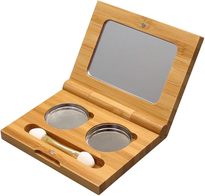 mollensiuer Bamboo Empty Eye Shadow Case Box Double Grid Magnetic Eyeshadow Makeup Palette Cosmetics Organizer Container with Makeup Brush and Aluminum Palette Pans for Eye Shadow, Blush, Powder