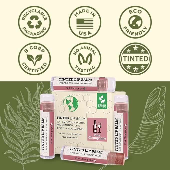 Tinted Lip Balm by Earth’s Daughter – 4 Pack of Pink Champagne Color – Beeswax, Coconut Oil, Cocoa Butter, Vitamin E – Moisturize and Beautify – Paraben Free