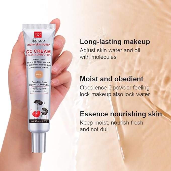 Color Correcting CC Cream with Centella Asiatica, Full-Coverage Foundation, Color Correcting Cream with SPF 25, Even Skin Tone, Hydrating Cream