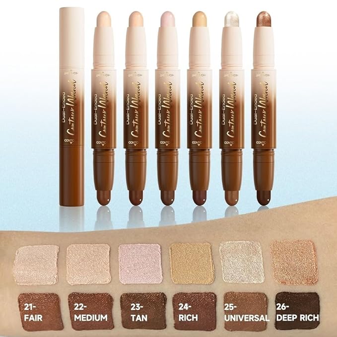 Dual-Ended 2-in-1 Cream Contour & Highlighter Stick – Waterproof, Long-Lasting for Face & Body Makeup, Suitable for All Skin Tones, 06#Black Cocoa + Bronzer Shimmer
