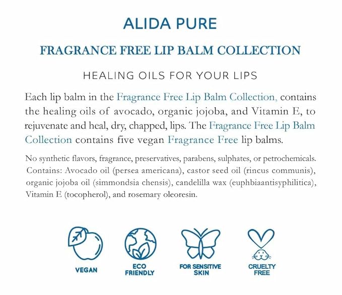 Fragrance Free Lip Balm, Vegan Lip Balm Set, Unscented, No Flavor, Beeswax Free, Organic Jojoba Oil, Avocado Oil, Vitamin E, Natural Moisturizer for Dry, Chapped, or Cracked Lips 5 Tube Set