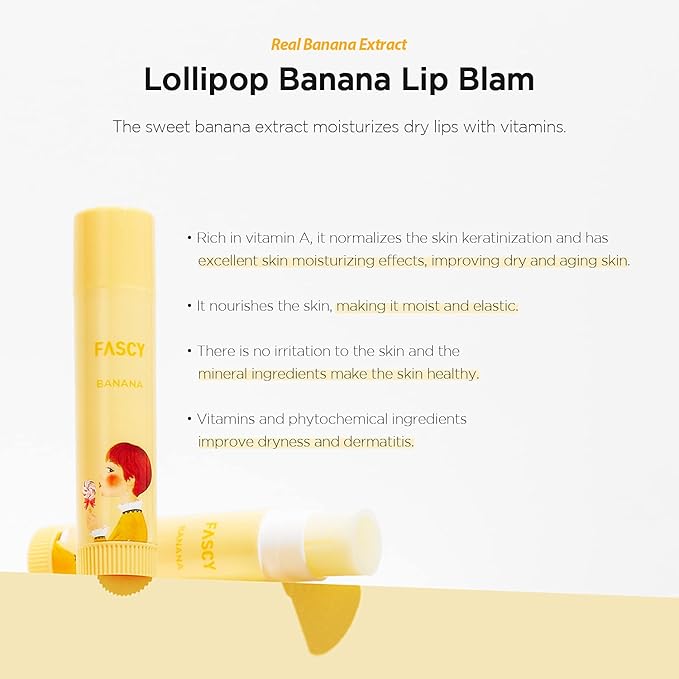 FASCY Lollipop Lip Balm Banana, Lip Balms & Moisturizers, Korean Lip Balm, Korean Lip, Korean Lip Products, Paraben Free, Moisturizing, 0.13 Oz, (Banana)