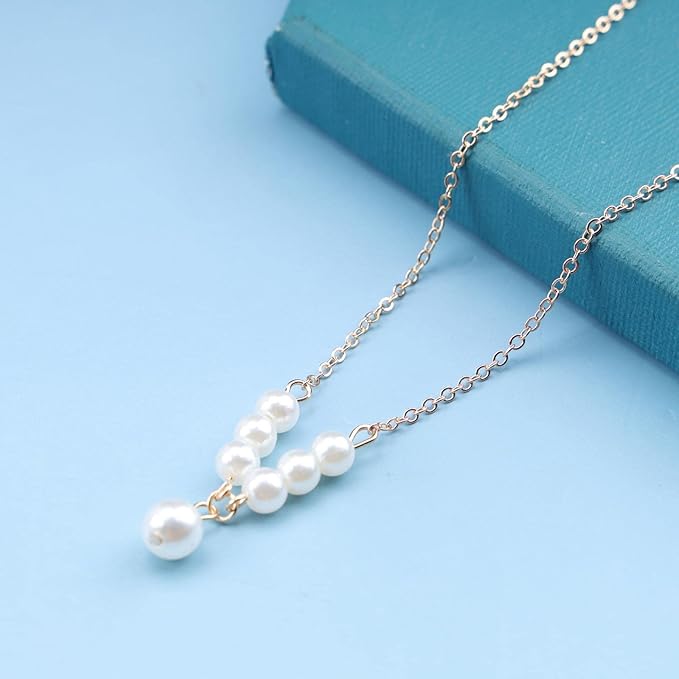 Vintage Pearl Pendant Necklace Gold Pearl Beads Necklace Freshwater Cultured Pearl Chain Necklace Pearl Bar Necklace Chain Jewelry for Women and Girls