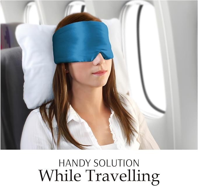 Zenssia 100% Mulberry Silk Sleep Mask Eye Mask for Man and Woman with Adjustable Headband, Full Size Large Sleep Mask & Blindfold for Total Blackout for All Night Sleep, Travel & Nap- Peacock Blue