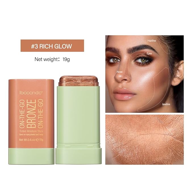Multi-Use Makeup Bronzer Stick for Effortless Glow - Hydrating Solid Moisturizer with Natural Bronze Tint for Eyes, Lips & Cheeks (#3 Rich Glow)