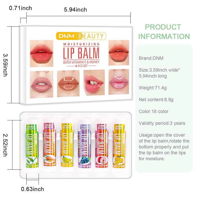 evpct 6Pcs Classic Fruit Flavour Flavored Lip Balm Set for Lip Care Chafed Chapped Cracked Lips, Natural Vitamin E & Honey Green Tea Carrot Banana Grape Peach Orange Moisturizing Mens Kids Lip Balm 3