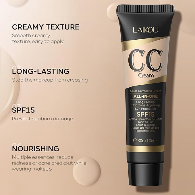 CC Cream with SPF 15, CC Cream Tinted Moisturizer, CC Cream Foundation Full Coverage Correcting Dullness Uneven Skin Tone, Watrerproof Long Lastng CC Cream Hydration Concealer (Iovry)