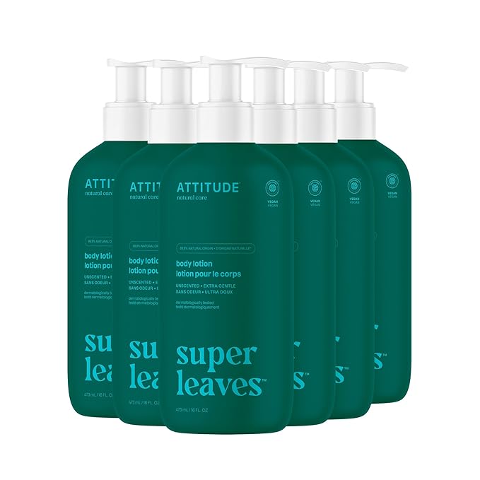 ATTITUDE Body Lotion, EWG Verified, Vegan & Cruelty-Free, Hydrating Moisturizer for Dry Skin, Non-Greasy, Extra Gentle Skin Care, Unscented, 16 Fl Oz (Pack of 6)