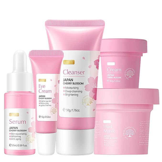Sakura Skin Care Set, Face Care Sets for Women, 5Pcs Face Moisturizer Set Include Sakura Cream, Sakura Cleanser, Sakura Serum, Sakura Eye Cream, Sakura Mud Mask, Skin Care Gift Set for Teen Girls