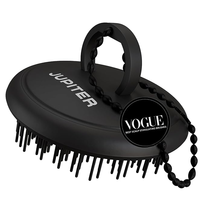 Jupiter Exfoliator Brush for Removing Dandruff and Build-Up, Detangling Scrubber for Wet or Dry Hair, Supports Circulation and Growth, Suitable for All Hair Types, Black