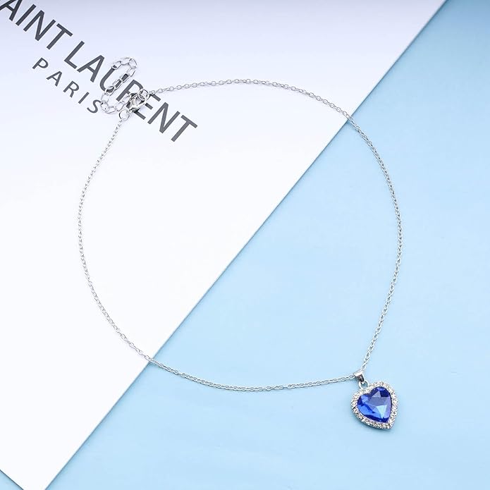 Vintage Crystal Sapphire Necklace Rhinestone Heart Sapphire Pendant Necklace Blue Sapphire Choker Necklace Silver Cz Heart Necklace Jewelry for Women