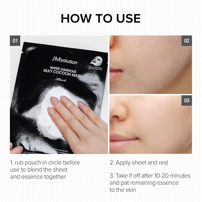JMsolution Water Luminuous Silky Cocoon Black Mask - Korean Skincare Facial Mask - Silkworm extract amino acid -Nutrition and Moisturization Synergy - 10 sheets for a sensitive skin